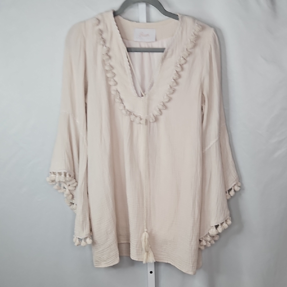 Blush Boutique Cream Blouse with Tassel Accents Size Medium
